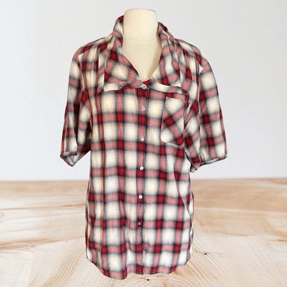 Vince Roll Sleeve Plaid Tunic Blouse with Pockets Sz S Womens 22"B Shacket Plaid